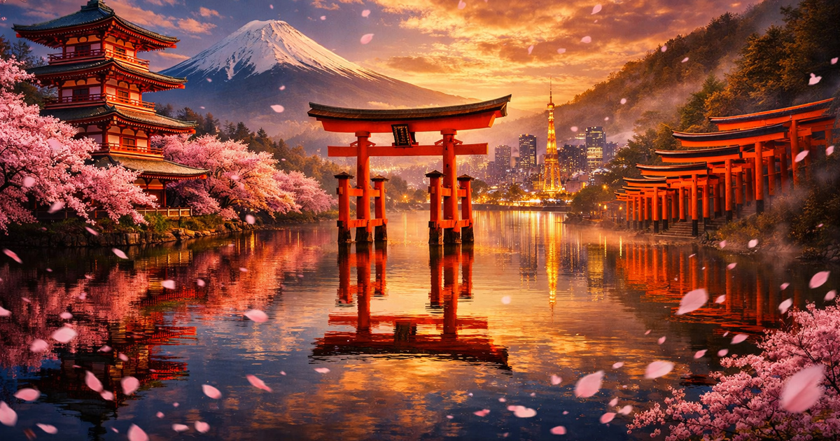 Cherry blossoms framing a serene lake with red torii gates, Mount Fuji in the background, and a glowing Tokyo skyline at sunset in Japan.