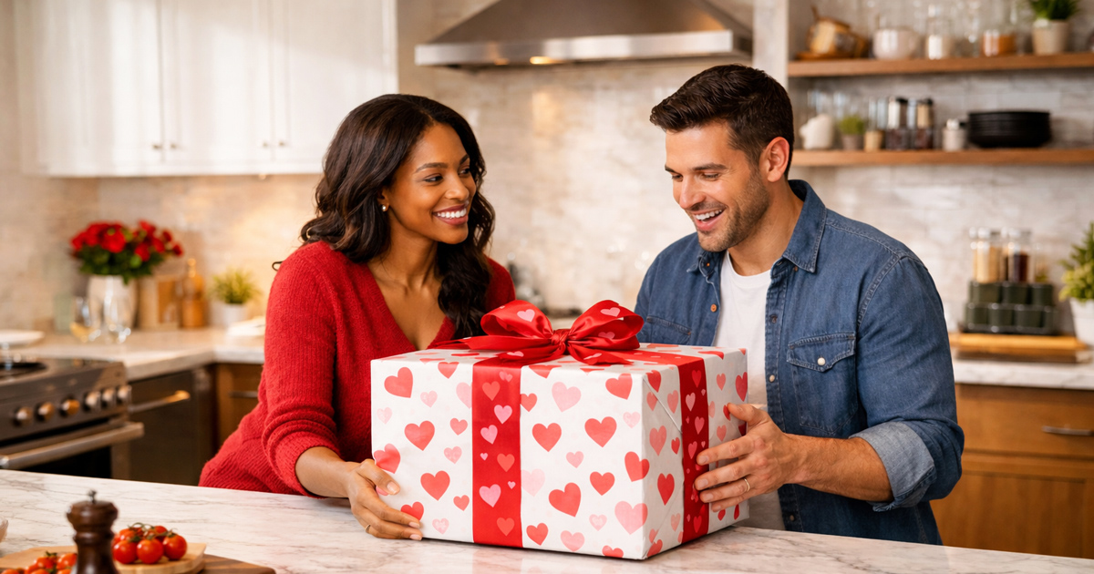 A woman gifts her partner a smart kitchen gadget wrapped in Valentine-themed paper to enhance his cooking.