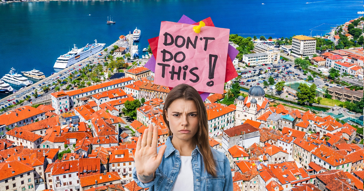 Kotor Montenegro Old Town aerial with a traveler signaling “don’t do this,” representing ethical and responsible tourism in Europe