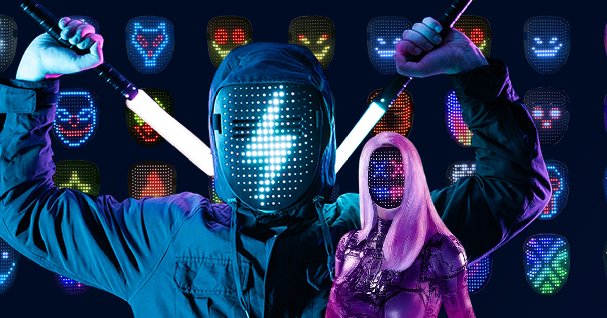 Two people wearing face-transforming LED masks with colorful light patterns and glowing costumes