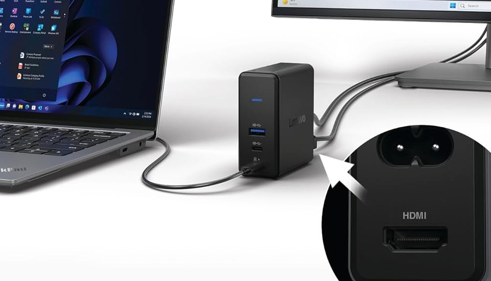 Lenovo GaN Multiport Docking Charging Station With, HDMI, USB-C, USB-A, And Micro SD