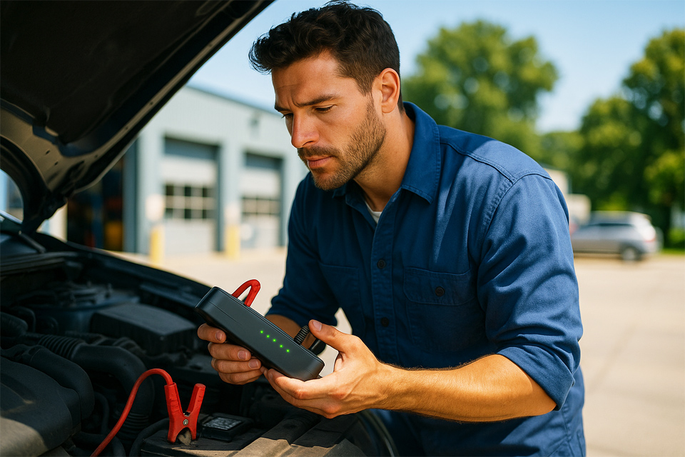Mechanic with jump starter