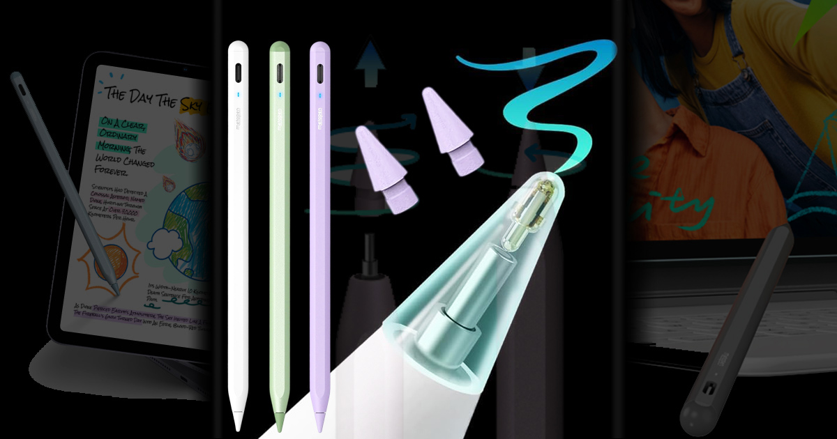 Metapen A8 iPad styluses in white, light green, and purple, alongside a magnified transparent view of the pen's internal tip mechanism drawing a blue line, with an iPad displaying colorful digital notes in the background.