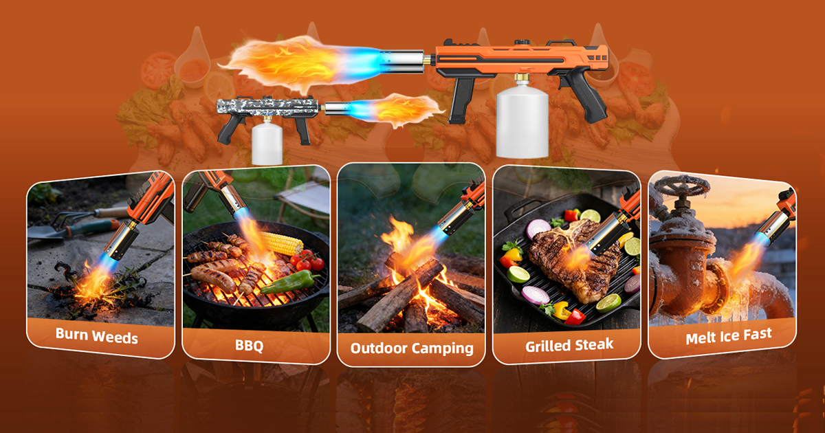 Heavy-duty propane blow torch in use for BBQ grilling, steak searing, outdoor camping fire starting, weed burning, and melting ice with adjustable flame control