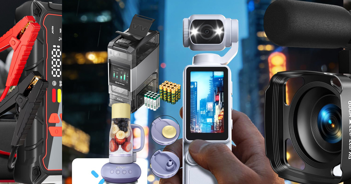 A collage of popular tech gadgets including a car jump starter, battery organizer, portable blender, handheld camera, and action camera against a city background.