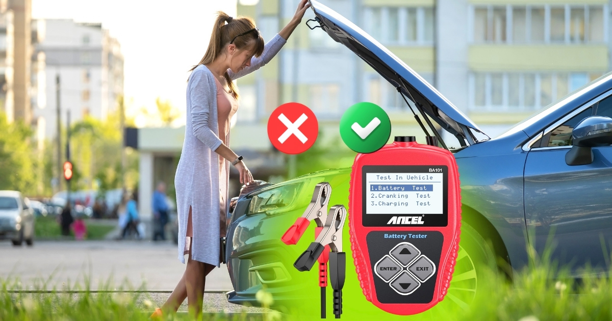 The nifty 12V ANCEL battery tester in a driveway setting, a premium tool for road trip reliability.