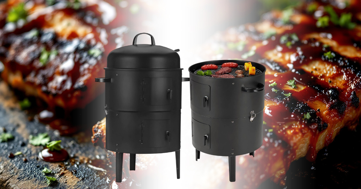 Amazon vertical charcoal outdoor smoker displayed with smoky barbecue ribs and grilled meats, showcasing authentic backyard BBQ cooking and rich smoky flavor.