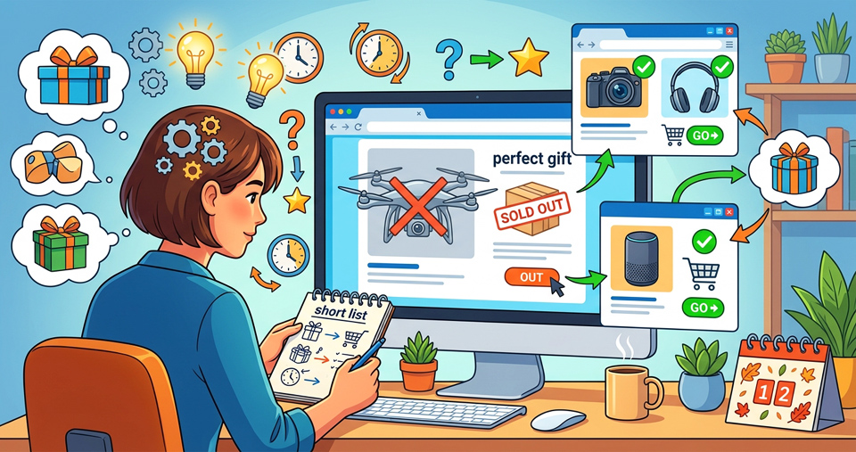 An illustration of a woman planning holiday gift shopping at a desk with an October 12th calendar. She holds a notebook titled short list with sketches, while gears, lightbulbs, and clocks (representing planning and time management) float around her.