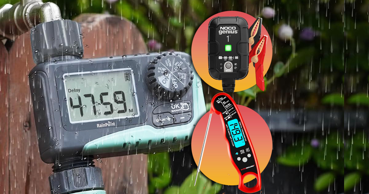 Practical home and tech upgrades, featuring a digital meat thermometer, smart battery charger, and garden water timer.