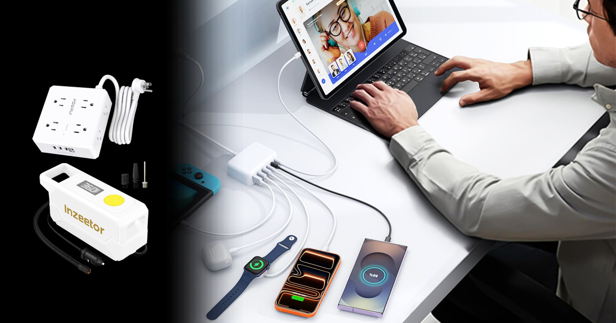 Multi-port USB charging station powering multiple devices on a clean white desk setup.