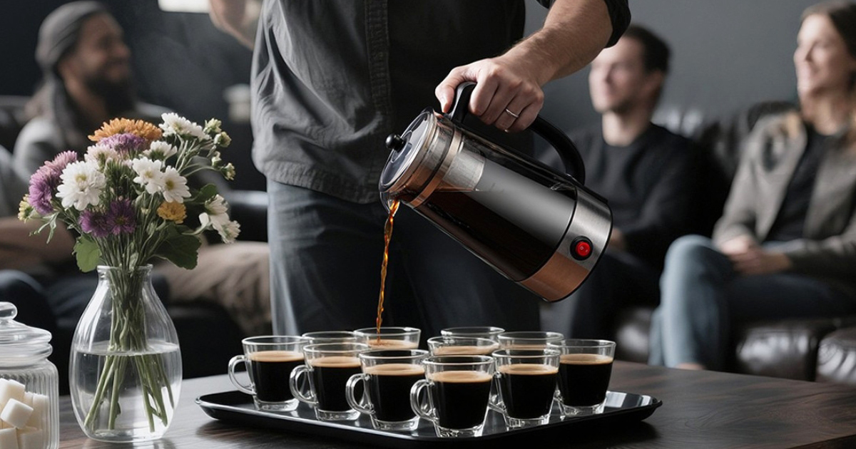 A person pouring fresh coffee from a modern electric kettle into small glass cups on a tray in a cozy living room setting with guests in the background.