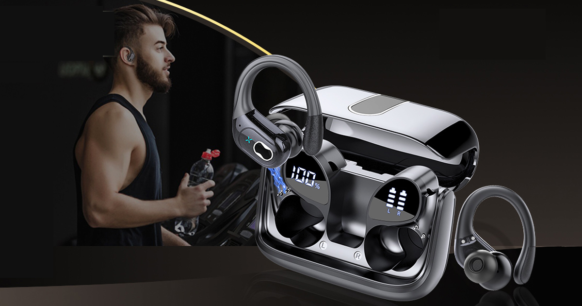 Wireless sport earbuds with ear hooks, digital charging case display, and a fitness enthusiast using them during a workout. The earbuds feature Hi-Fi sound, ENC noise reduction, long battery life, and a secure design for active lifestyles.
