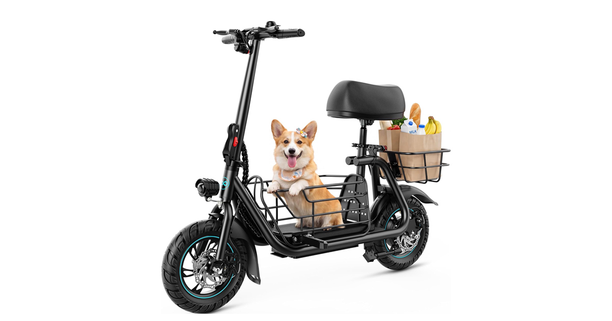 Foldable electric scooter with seat featuring a front pet basket holding a small dog and a rear basket with groceries, designed for comfortable urban commuting and errands