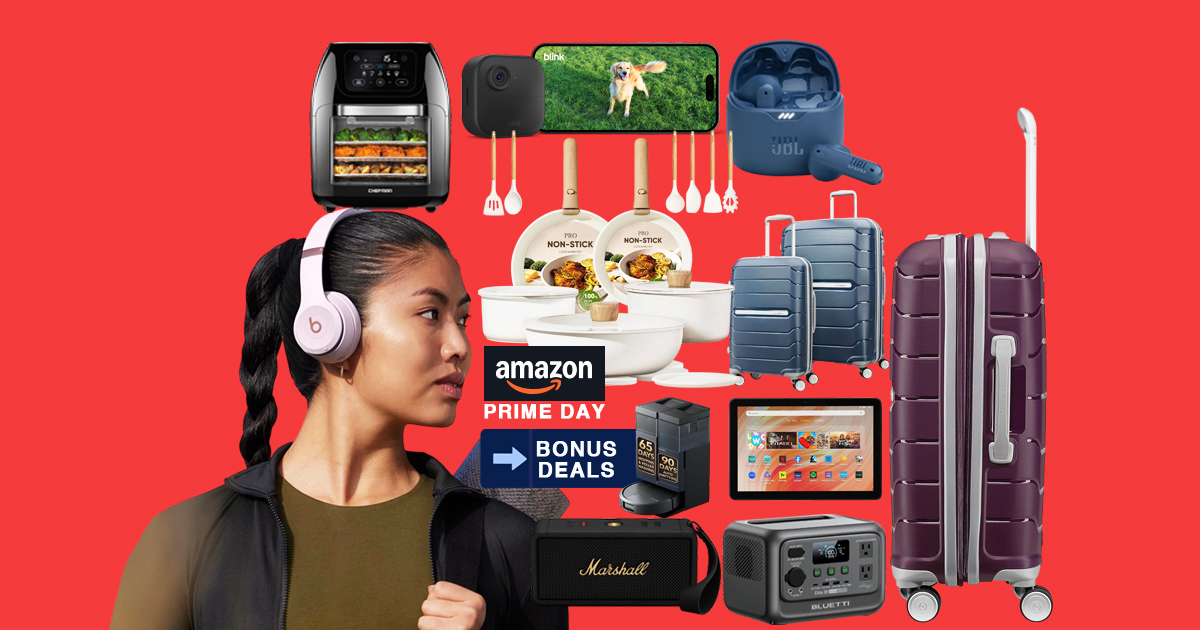 Curated Amazon Prime Day deals collage featuring travel luggage, portable power stations, noise-canceling headphones, and space-saving kitchen gadgets by Travelwith2ofus.
