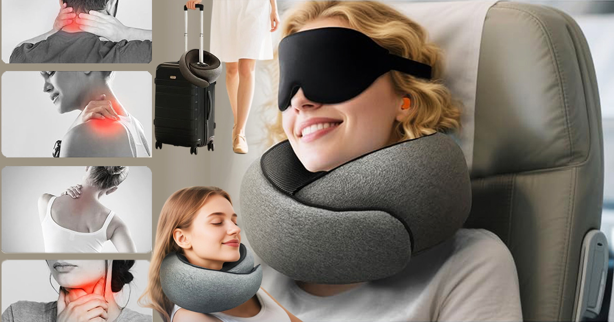 G-Shape memory foam travel neck pillow supporting a woman relaxing in an airplane seat, with additional views showing the pillow's neck support, travel design, and included eye mask.