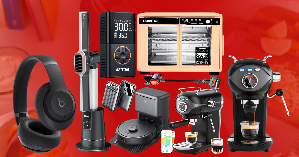 Collage of discounted gadgets including a French door air fryer oven, bladeless tower fan heater, robot vacuum with self-empty station, compact espresso machines, portable jump starter, mini electric screwdriver set, Shark vacuum, and Beats headphones.