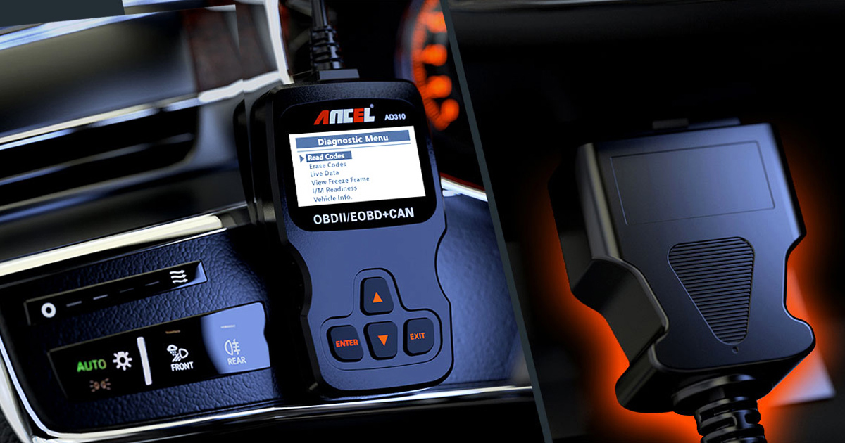 ANCEL AD310 OBD II car engine fault code reader displayed inside a vehicle, showing its diagnostic menu and control buttons alongside a close-up of the scanner's connector.