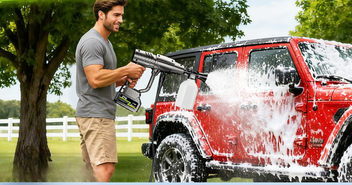 A man using a high-pressure cordless power washer to clean a red off-road vehicle, showcasing practical lifestyle gadgets and better deals.