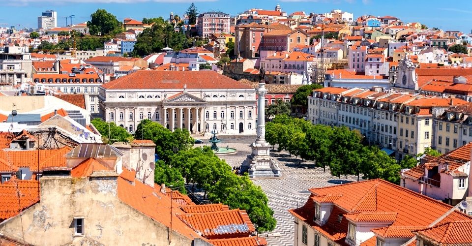 Aerial view of Rossio Square, Lisbon, Portugal.