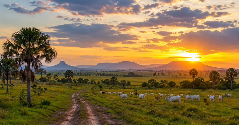 Golden sunset across the Rupununi Savannahs in Guyana with expansive grasslands, wildlife, palm-dotted landscapes, and distant mountain ranges in the heart of the Guiana Shield.
