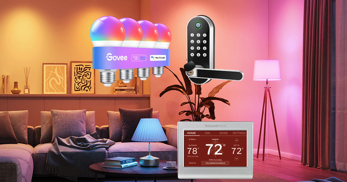 Smart home setup featuring keyless door lock, smart lighting, floodlight camera, and Wi-Fi thermostat in a modern home