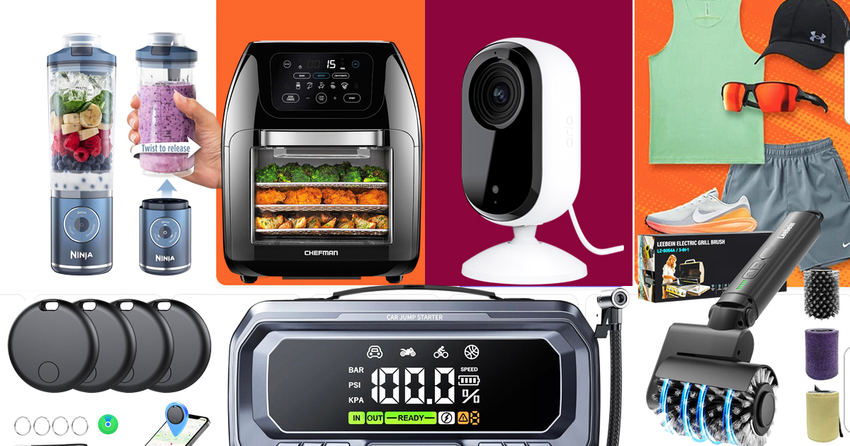 Collage of discounted Amazon gadgets including a Ninja portable blender, multifunctional digital air fryer, indoor security camera, 12-in-1 jump starter with air compressor, Bluetooth trackers, electric grill brush, and fitness accessories.