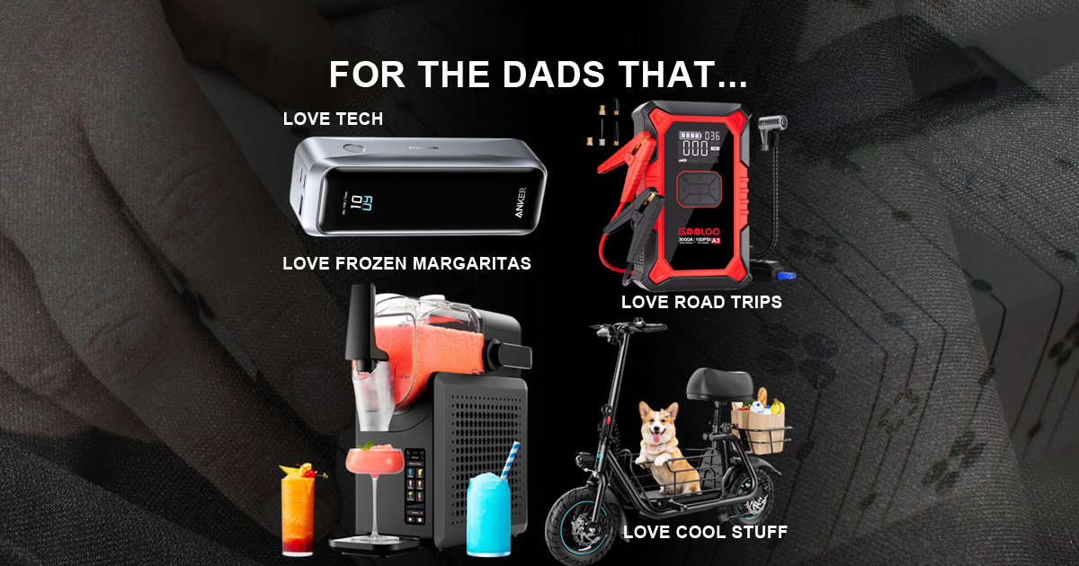 Gift ideas for dads featuring tech gadgets, a frozen margarita maker, a portable tire inflator for road trips, and a fun electric bike.