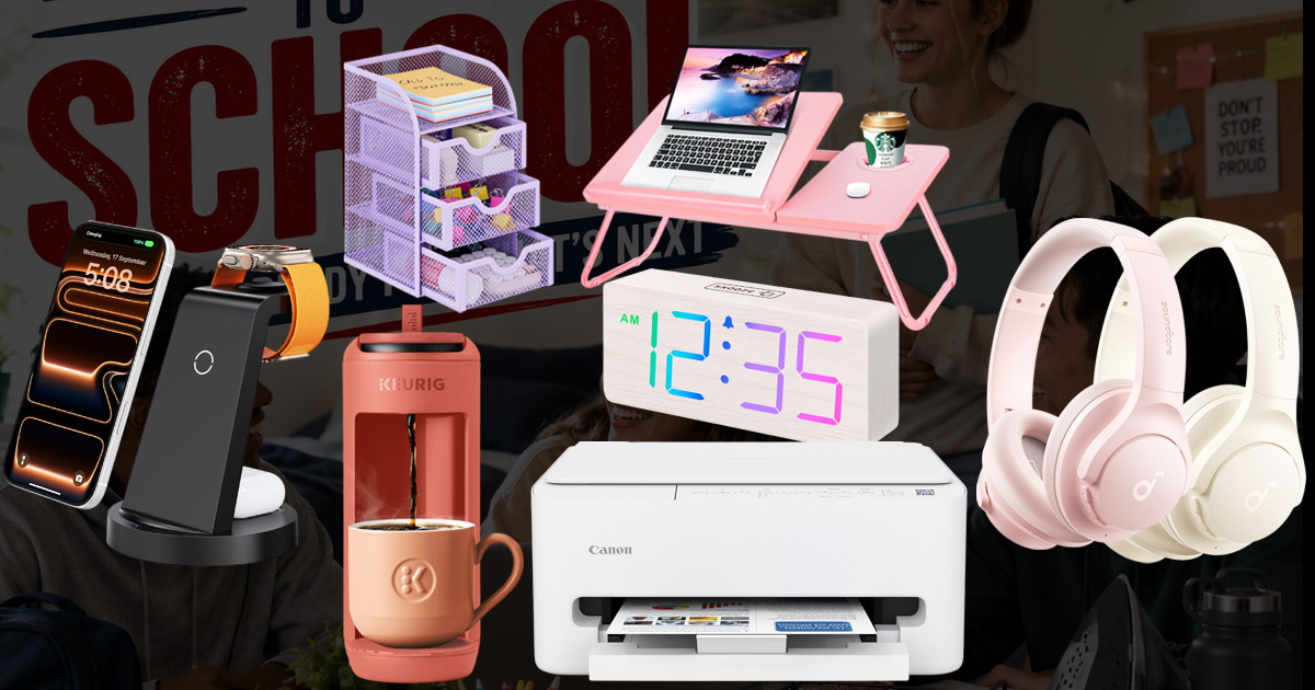 Back to school college dorm and apartment essentials including a laptop desk, desk organizer, alarm clock, printer, coffee maker, headphones and tech accessories