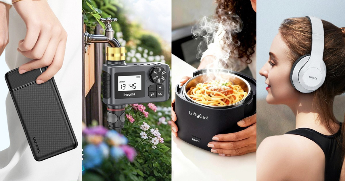 Collage of affordable Amazon gadgets under $30 featuring a portable power bank, smart garden hose water timer, electric heated lunch box with steaming pasta, and wireless over-ear headphones.