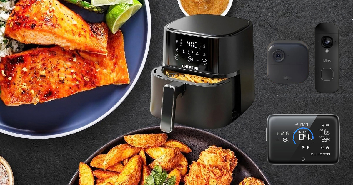 Chefman Compact Air Fryer with crispy food, Blink Outdoor 4 security camera and video doorbell, and BLUETTI FridgePower smart display, showcasing three discounted Amazon gadgets.