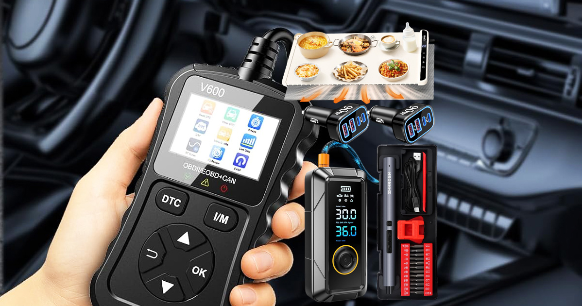 Collection of useful car gadgets including an OBD II scanner, portable tire inflator, USB car chargers, and a food warming mat.