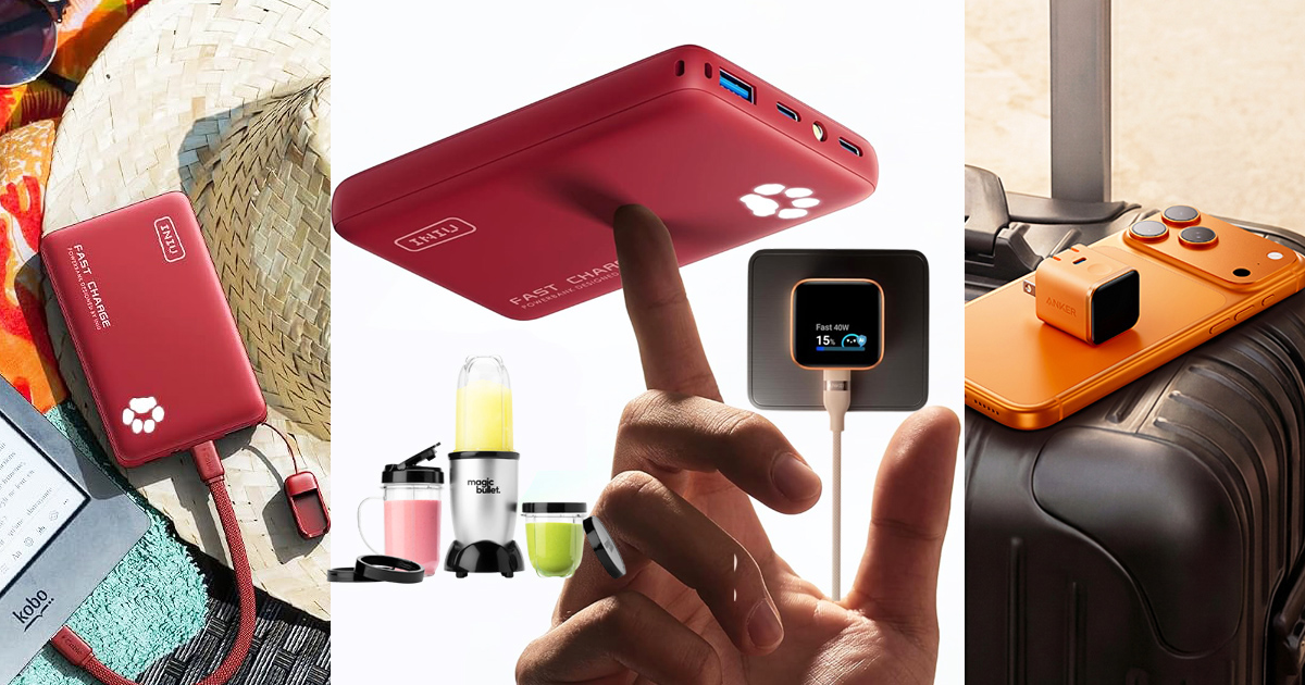 Collage of useful travel gadgets including a portable power bank, fast charger, compact blender and charging accessories