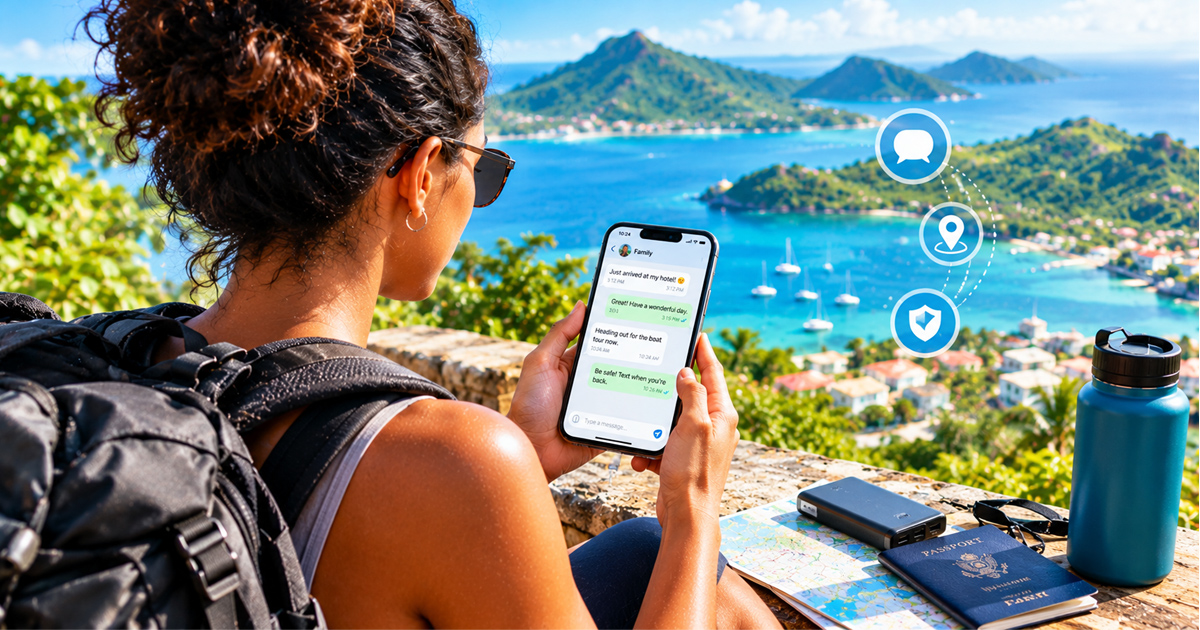 A solo traveller checking in with family while enjoying a scenic destination, with travel essentials and location and safety icons reinforcing the message