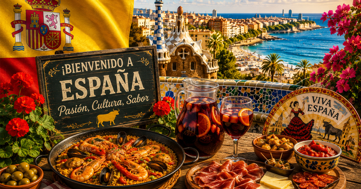 pain travel intelligence graphic featuring the Spanish flag, Barcelona coastline, Gaudí architecture, Spanish cuisine, paella, sangria, jamón, tapas and a Bienvenido a España sign.