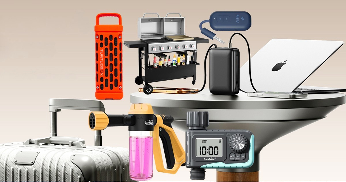 A lifestyle gadget showcase featuring a pair of electric stainless steel salt and pepper grinders on a dining table, and a mini security camera being held next to a smartphone displaying a live home monitor feed.