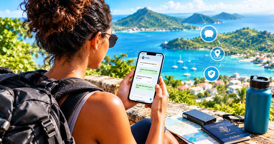A solo traveller checking in with family while enjoying a scenic destination, with travel essentials and location and safety icons reinforcing the message