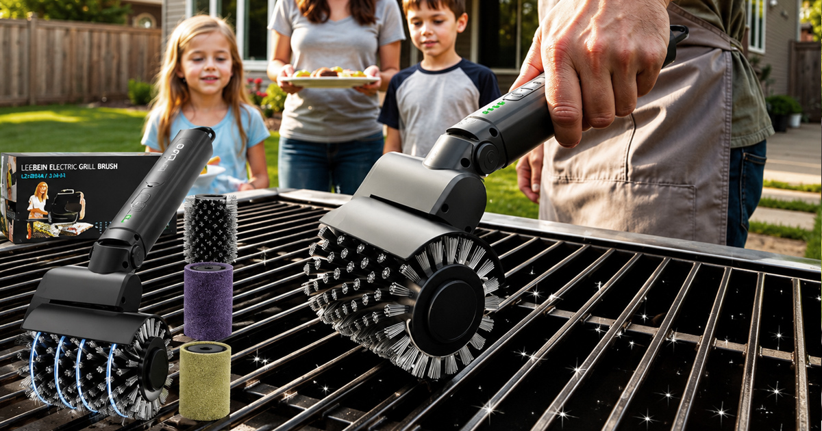 Family enjoying a summer backyard barbecue while using the Leebein Electric Cordless BBQ Grill Cleaning Brush to quickly clean sparkling grill grates with interchangeable brush attachments.