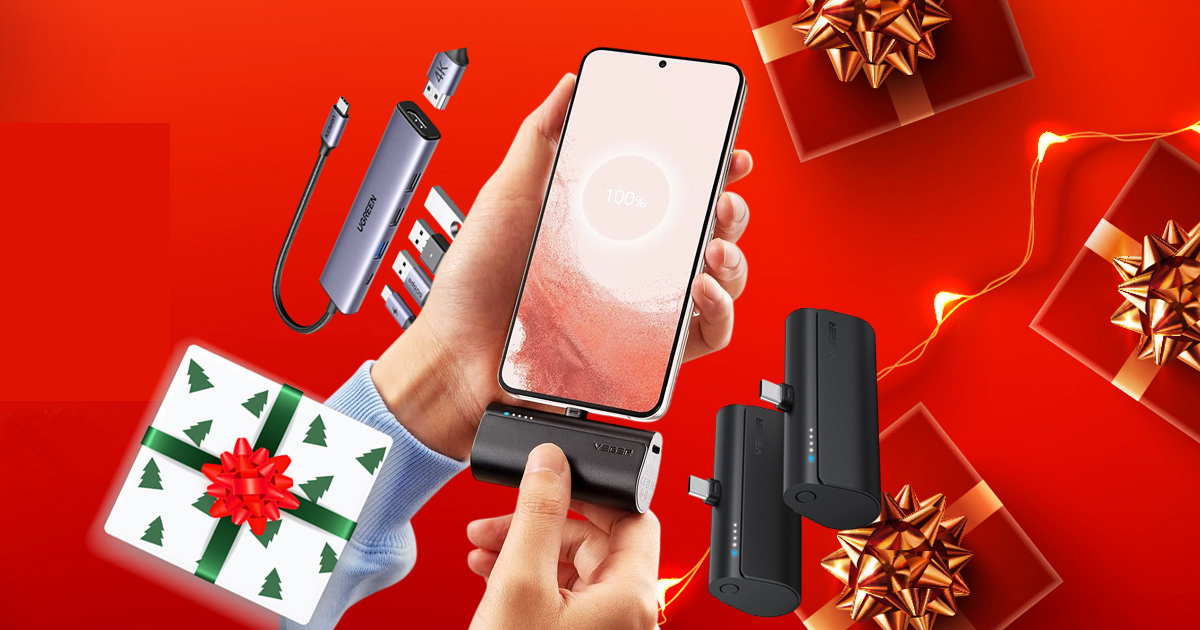 Useful gadgets under $25, including a Mini USB-C Portable Charger, and 5-In-1 Multiport Adapter on a red background with Christmas gift boxes