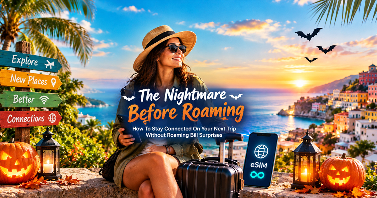 A female traveler with a suitcase and smartphone on a scenic coastal balcony, surrounded by Halloween pumpkins, lanterns, bats, and a glowing eSIM phone icon under the headline The Nightmare Before Roaming