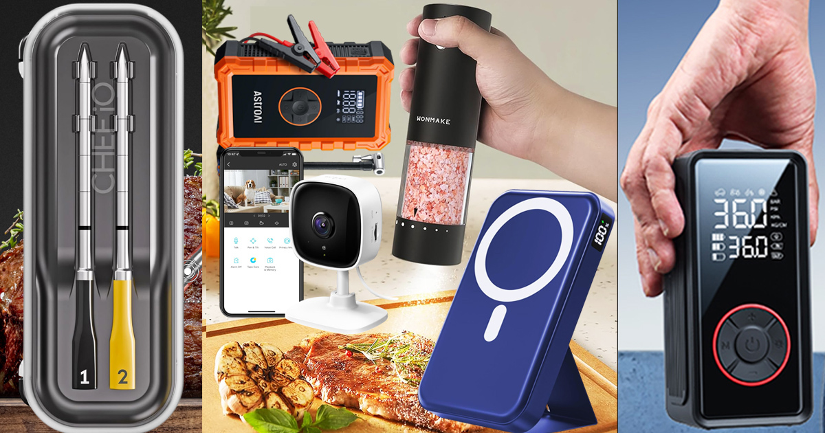 A collection of smart gadget upgrades including a wireless meat thermometer, indoor security camera, portable power bank with stand, automatic grinder, and digital tire inflator designed for home, kitchen, and everyday convenience.