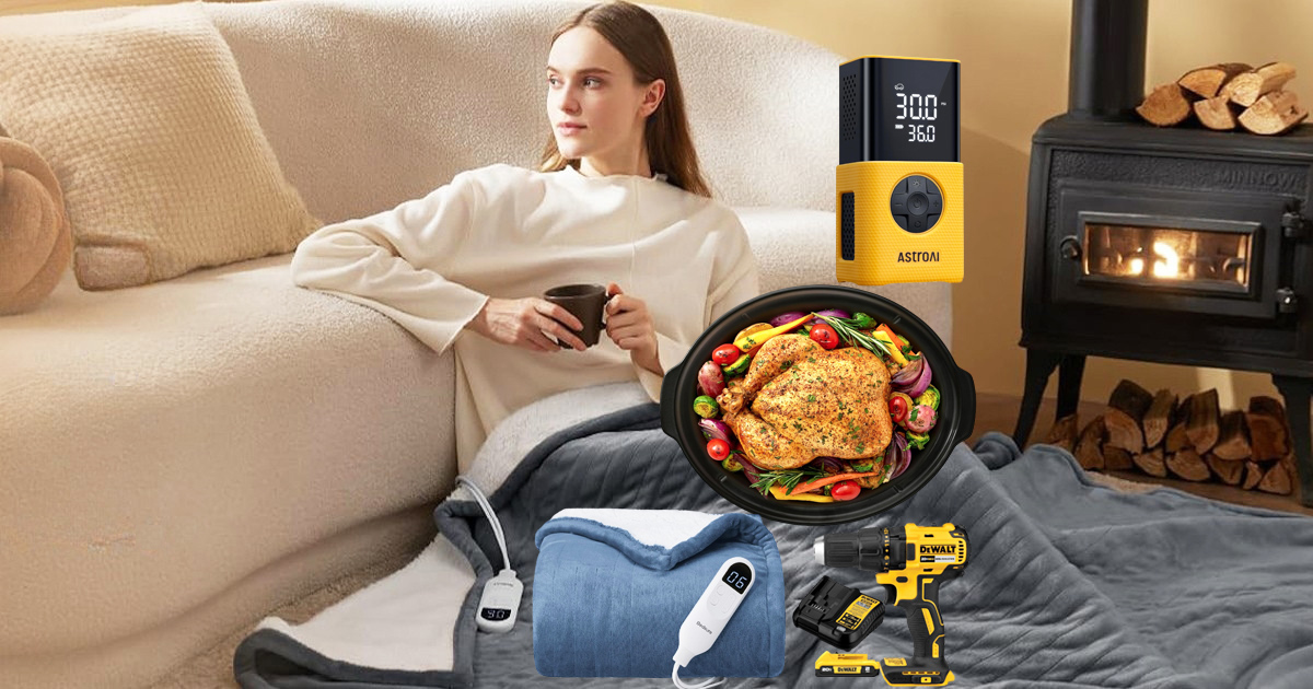 A collection of discounted gadgets including a coffee maker, slow cooker, jump starter with air compressor, USB hub, and electric blanket displayed together.