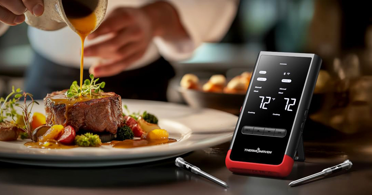 ThermoMaven wireless smart meat thermometer beside a perfectly cooked steak with chef pouring sauce, showcasing precision temperature monitoring for grilling, smoking, roasting, and home cooking.
