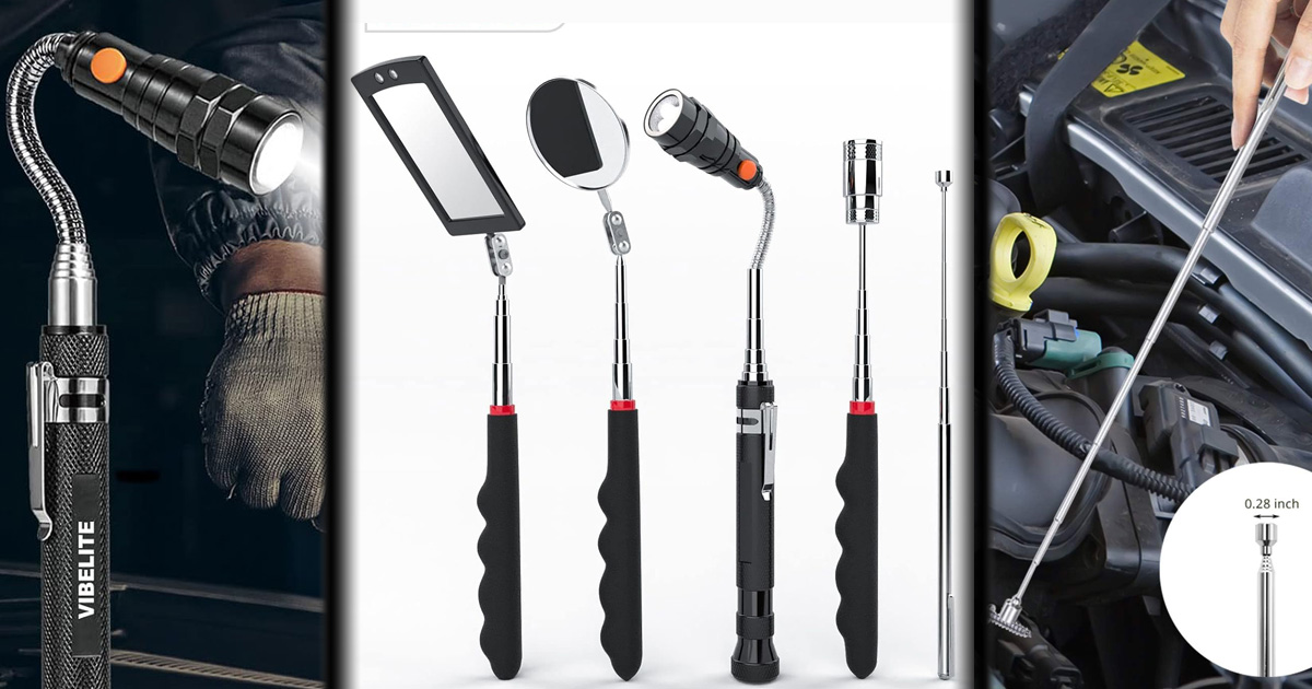 Flexible magnetic pickup tool set with LED flashlight, inspection mirror, and telescoping magnet for retrieving dropped screws, bolts, nuts, and other hard-to-reach objects during automotive repairs and DIY projects.
