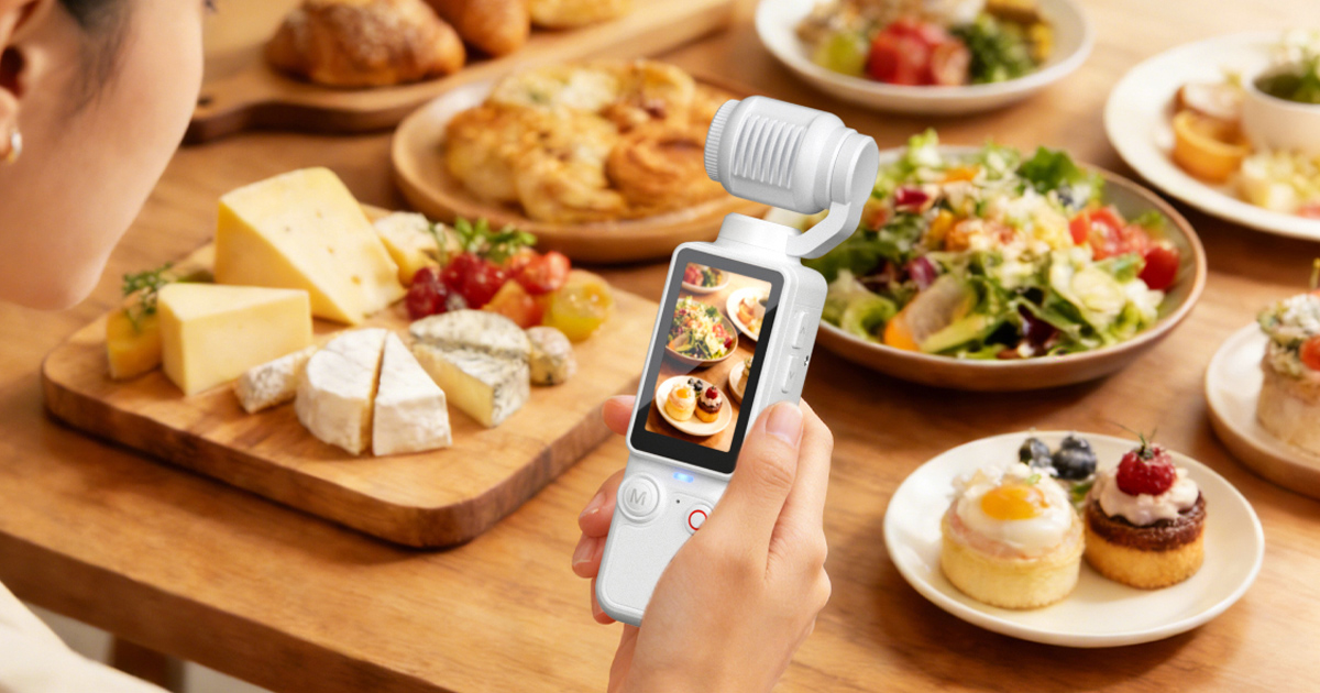 A collection of Amazon gadgets including a portable jump starter with air compressor, frozen drink blender, compact travel blender, rotating-lens pocket video recorder, and an 8K vlogging camera with microphone.