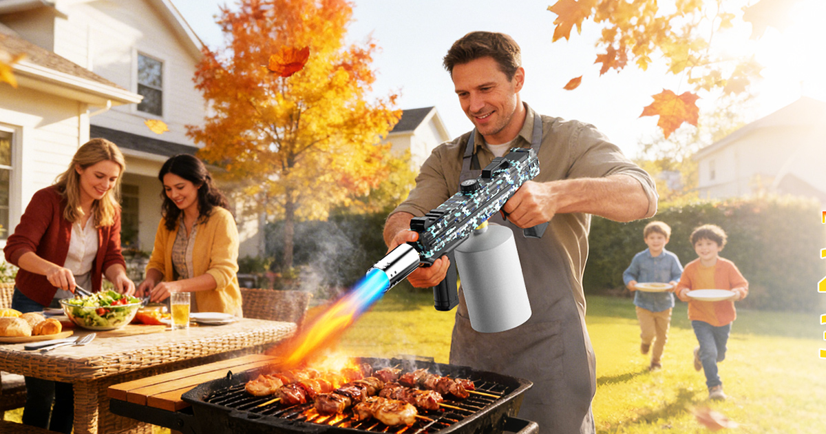 Heavy-duty propane blow torch in use for BBQ grilling, steak searing, outdoor camping fire starting, weed burning, and melting ice with adjustable flame control