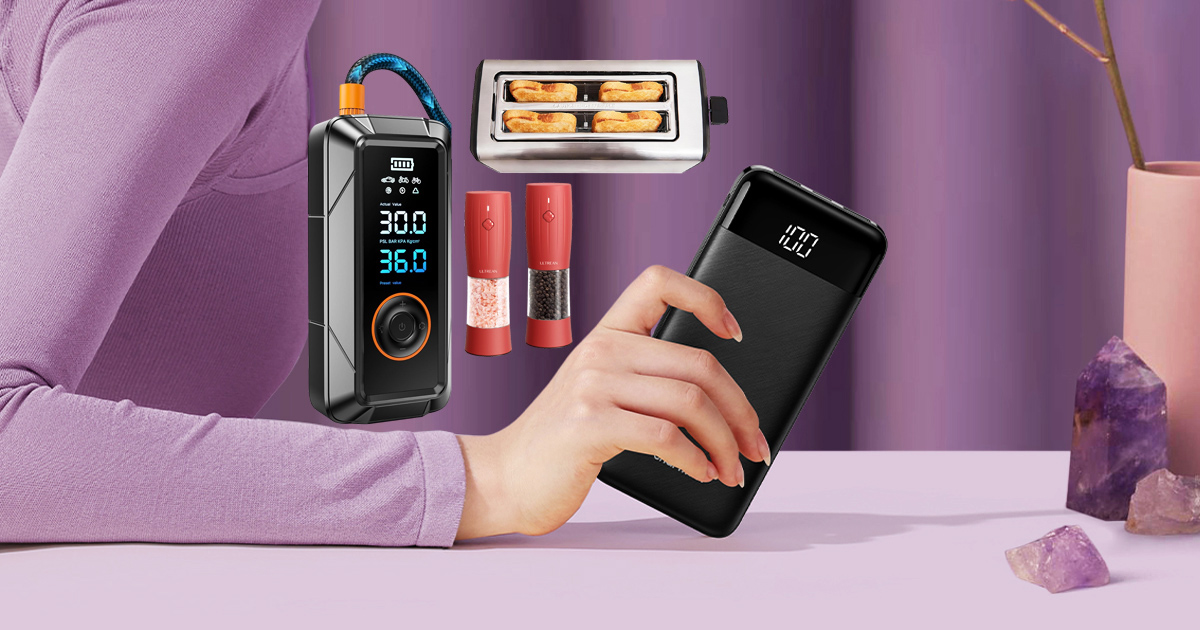 A hand holding a slim black portable charger with a digital display, surrounded by popular gadgets including a digital tire inflator, red electric salt and pepper grinders, and a stainless steel 4-slice long-slot toaster against a soft purple background.