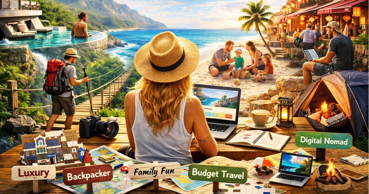 An inspiring scene of travel essentials representing various niches like luxury, adventure, and digital nomad life.