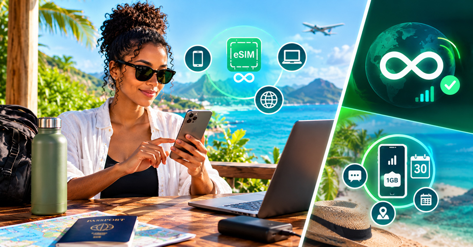 Remote worker using a smartphone at a tropical seaside terrace, with a laptop, backpack, passport, map and power bank nearby. Green and teal connectivity graphics illustrate mobile eSIM access, unlimited data and a 1 GB backup allowance associated with a 30-day calendar, against a turquoise bay and coastal mountains.