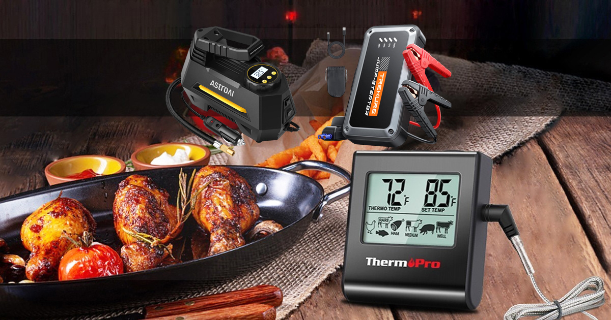 A collection of affordable tech gadgets under $40 displayed on a desk, including a digital thermometer, battery jump starter, and tire inflator.