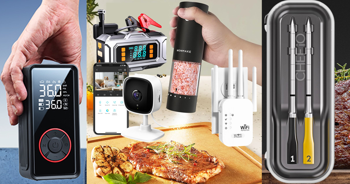 A collage of popular tech gadgets including a car jump starter, battery organizer, portable blender, handheld camera, and action camera against a city background.